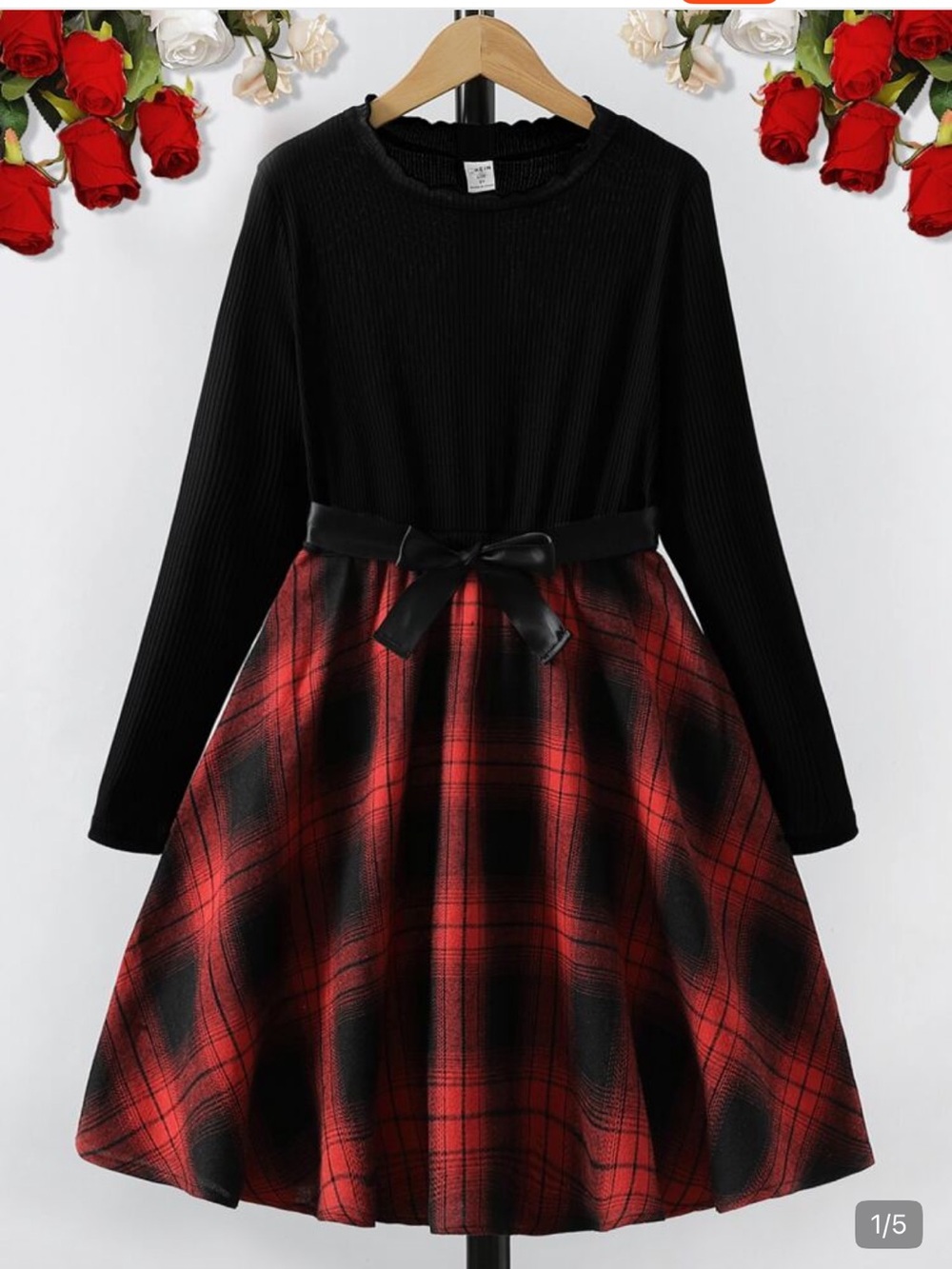 Girls Black & Red Plaid Long-Sleeve Dress